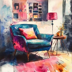 Wall Mural - A blue chair with a pink pillow and a lamp on a table. The chair is in a room with a wall covered in pictures