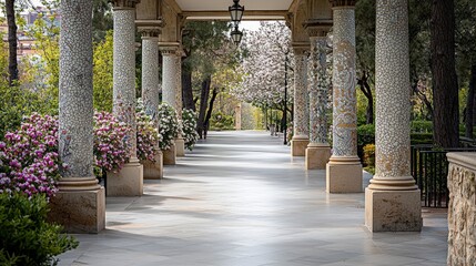 Poster - Scenic pathway through blossoming columns park guell photographic landscape serene nature eye-level view tranquil beauty