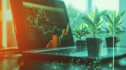 Poster - Creative double exposure showcasing a laptop screen with financial learning visuals and plants symbolizing growth in modern education