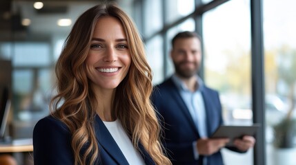 Poster - Confident business professionals engaging in a modern office environment with natural light