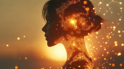 Poster - Fusion of humanity and technology illustrated through a radiant woman with digital interfaces at sunset