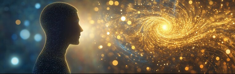 Poster - Conceptual silhouette of a man illuminated by black holes and swirling light, representing universal mysteries