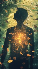 Aufkleber - Man embodies renewal and tranquility with glowing essence among radiant leaves and rippling water at a serene location