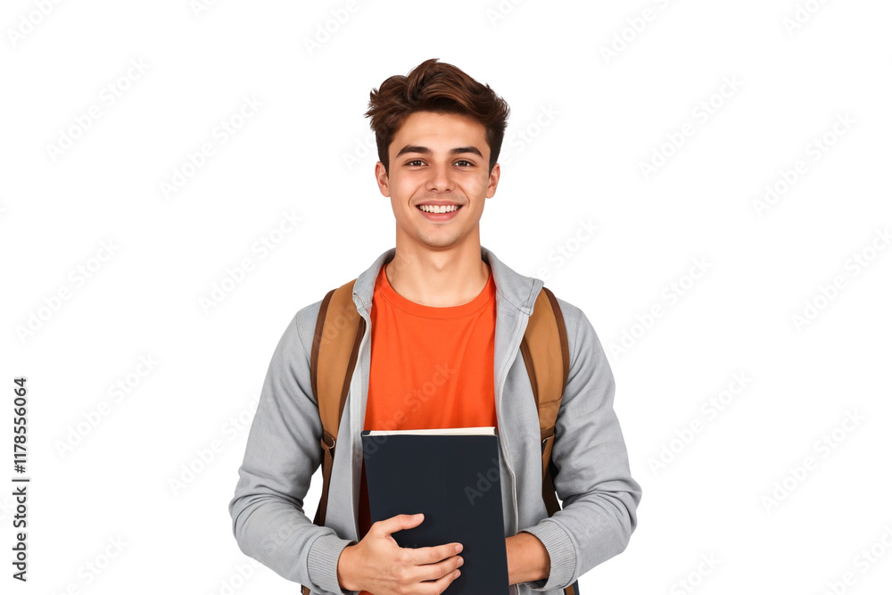 Smiling young male student holding books with a backpack, isolated on ...