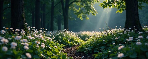 Dark forest with black flowers and white grass, flowers, shadows