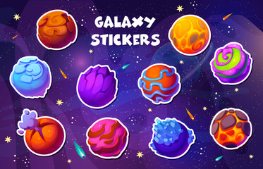 Wall Mural - stickers pack of galaxy alien space planets on starry sky vector background with shooting stars, ast