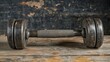 © ACE STEEL D - Vintage Wooden Dumbbell on Rustic Wooden Surface