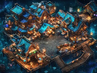 Wall Mural - a celestial marketplace set on floating platforms above a swirling nebula. radiant stalls display sh