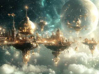 Wall Mural - a celestial marketplace set on floating platforms above a swirling nebula. radiant stalls display sh