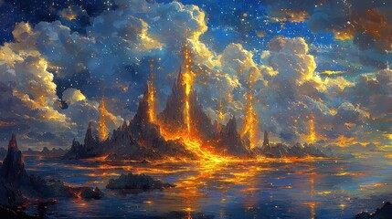 Wall Mural - A celestial mountain range glowing softly under a sky filled with vibrant constellations. Streams of molten stardust flow down the peaks, converging into radiant lakes that shimmer with golden 