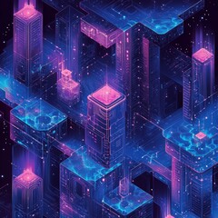 Wall Mural - Explore a stunning isometric projection of a futuristic data network, featuring vibrant neon colors and intricate digital elements, perfect for high-tech themes.