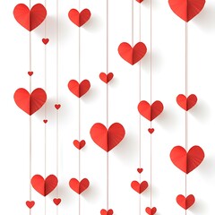 Canvas Print - Red paper hearts hanging on strings against white background.