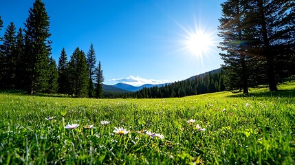 Canvas Print - Sunlit meadow with wildflowers, mountains, and evergreen trees under a vibrant blue sky.