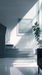 Poster - A white staircase is in front of a window. A potted plant is on the right side of the staircase