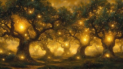 a celestial forest where glowing vines drape between radiant trees, creating arches of light that st