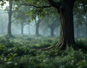 Wall Mural - Rain-Kissed Forest: A Serene, Misty Woodland Scene