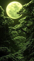 Wall Mural - A mystical forest glowing softly under the light of twin moons. Radiant trees with translucent trunks stretch into the sky, their leaves emitting soft golden hues that illuminate the bioluminescent 