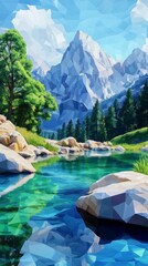 Wall Mural - A mountain range with a river running through it. The water is clear and the trees are green