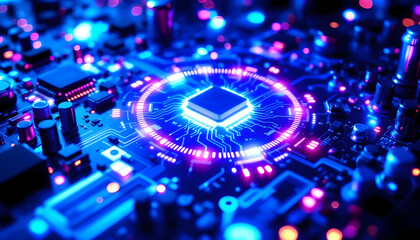 Poster - High-tech circuit board background, abstract digital technology presentations, electronic components, digital infrastructure, blue tech theme, modern electronics evolution expansion background image