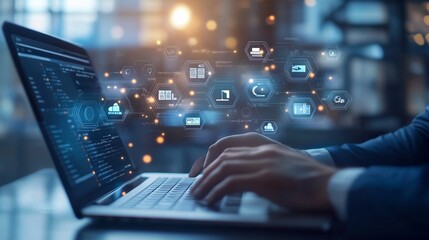 Person using laptop with digital interface.