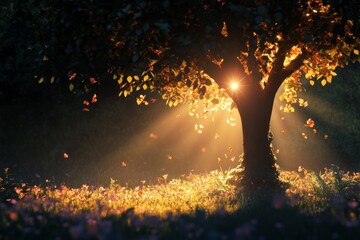 Poster - A serene scene of a tree bathed in soft sunlight, creating a gentle glow among the leaves and flowers. This picturesque nature setting evokes calmness and peace.