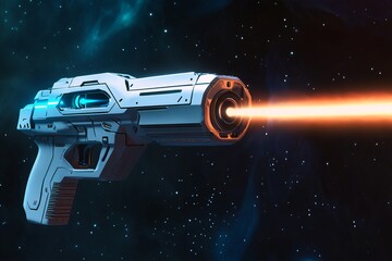 Wall Mural - futuristic gun is shooting a bright orange bullet into space. the image has a futuristic and sci-fi 