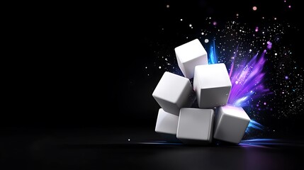 Canvas Print - White cubes exploding with vibrant purple and blue light on black background.