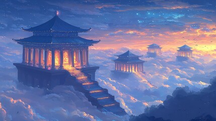 Wall Mural - a celestial marketplace floating high above a sea of radiant clouds. glowing stalls display shimmeri