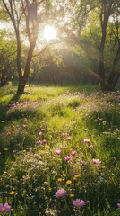 Wall Mural - A tranquil meadow filled with colorful wildflowers and trees, bathed in warm sunlight, creating a peaceful natural scene.