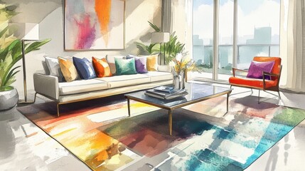 Sticker - A stylish living room featuring vibrant decor, large windows, and a city view, bathed in natural light.