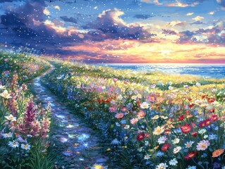 Wall Mural - A magical garden glowing softly under a twilight sky. Radiant flowers bloom in intricate constellations, and streams of liquid light wind through the garden, creating a serene and ethereal atmosphere.