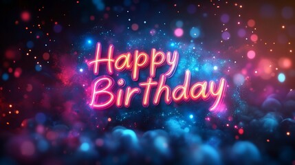 Wall Mural - Neon Happy Birthday Celebration with vibrant colors and sparkling particles