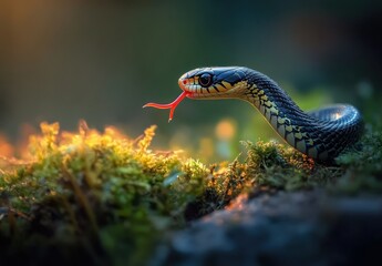 Captivating Close-Up of a Colorful Snake in a Lush Green Environment with a Beautiful Background and Vibrant Lighting Effects Creating a Serene Atmosphere