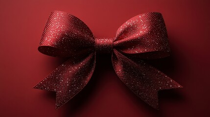 Wall Mural - Red glitter ribbon bow on red background.