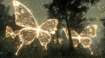 Wall Mural - a serene meadow glowing with radiant flowers that bloom in constellations. golden butterflies with l