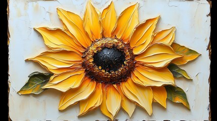 Wall Mural - Impasto sunflower painting, textured yellow petals, dark center, green leaves, white background.