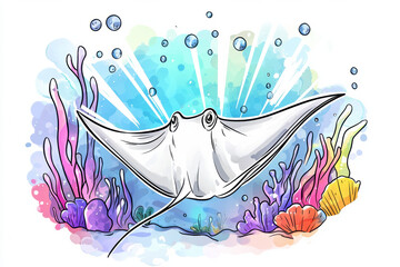 illustration of manta ray swimming among colorful coral reefs and bubbles