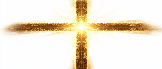 Canvas Print - Glowing golden cross, light rays, white background, faith, hope