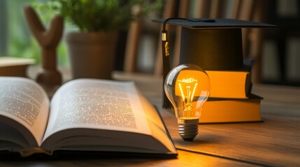 Aufkleber - A cozy study scene featuring an open book, a glowing light bulb, and a graduation cap, symbolizing knowledge and inspiration.