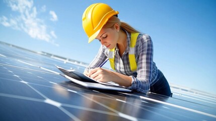 Aufkleber - A woman in a hard hat inspects solar panels, taking notes on a clipboard under a clear blue sky.