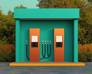 A modern gas station with two pumps set against a vibrant green backdrop, surrounded by lush foliage.