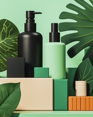 Wall Mural - A modern display of skincare products in various bottles and boxes, surrounded by lush green leaves, emphasizing freshness and natural beauty.