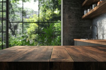 Sticker - Wooden table interior kitchen windows.