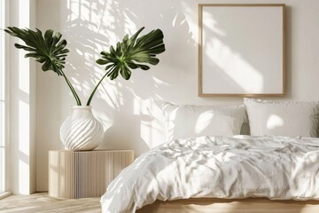 Wall Mural - Mock up frame in bedroom coastal boho interior background, room with natural wooden furniture