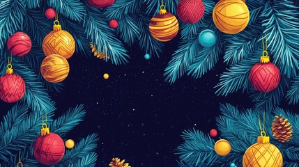 Wall Mural - A vibrant vector illustration of fir branches and colorful ornaments, perfect for designing Christmas cards, invitations, or social media posts.