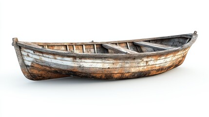 Old weathered wooden rowboat isolated on white background.