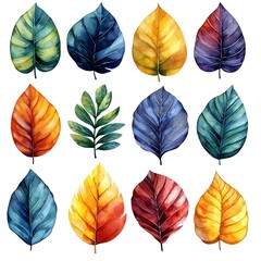 Wall Mural - Vibrant Watercolor Tropical Leaf Collection Isolated on White Background with Subtle Gradient Edges