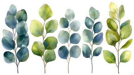 Wall Mural - Delicate Watercolor Eucalyptus Leaf Collection on Minimalist White Background