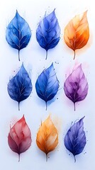 Wall Mural - Elegant Watercolor Leaf Abstractions in Vibrant Teal and Purple Tones