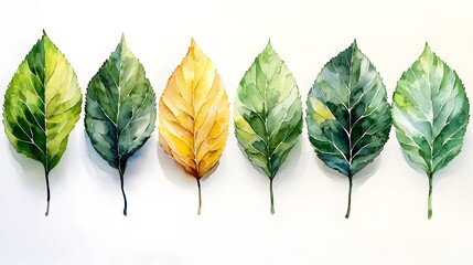 Wall Mural - Delicate Watercolor Leaves in Light Green with Hints of Yellow on White Background